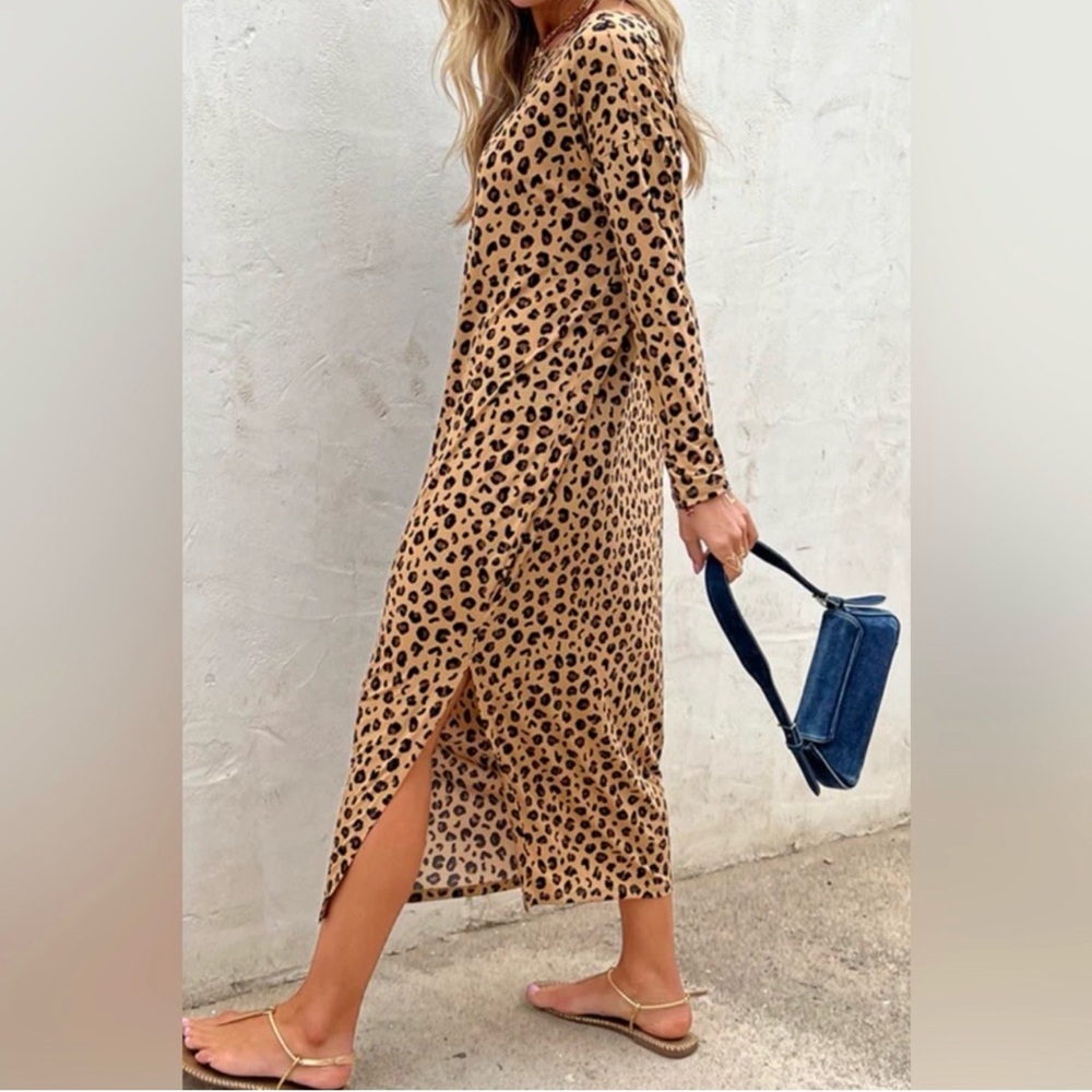 Never Fully Dressed Tan Leopard Long Sleeve Dress